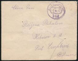 1918 Tábori posta levél "K.u.K. ETTAPENPOSTAMT / 348" hátoldalán kék "K.u.k. Motorbootparkkommando / ORSOVA / Ettapen-Post No 348"