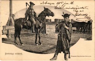 1905 Hortobágy, csikósok, magyar folklór. Pongrácz Géza kiadása (ragasztónyom / glue marks)