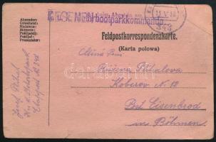 1918 Tábori posta levelezőlap "K.u.K. ETTAPENPOSTAMT / 348" , "K.u.k. Motorbootparkkomando" , "GESEHEN beim Abgeben am..."