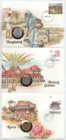 Vegyes, 3xklf érmés boríték tétel, bélyeggel, bélyegzéssel és német nyelvű leírással, benne: Banglades DN(1975) 10P "FAO" + Brit-Guyana 1985. 25c + Dél-Korea 1985. 10W T:UNC Mixed, 3xdiff "Münz-Briefe aus aller Welt" coins in envelope lot, with stamp and cancellation, with German language description, in it: Bangladesh ND(1975) 10 Paisa "FAO" + British Guyana 1985. 25 Cents + South Korea 1985. 10 Won C:UNC