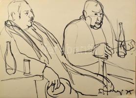 Diószegi Balázs (1914-1999): Italozó társaság, tus, papír, jelzett, hátoldalán a művész ajánlásával Soltész Albert festőművész részére, 30,5×43 cm