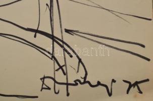 Diószegi Balázs (1914-1999): Italozó társaság, tus, papír, jelzett, hátoldalán a művész ajánlásával ...