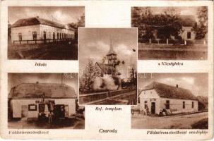 Csaroda, iskola, községháza, református templom, Földmívesszövetkezet vendéglője, étterem. Özv. Horváth Richárdné kiadása (gyűrődés / crease)