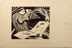 Berecz András (1929-2010): Olvasó, 1968. Linómetszet, papír, jelzett, a művész ajánlásával Soltész Albert festőművész részére, lapszéli kisebb ázásnyommal, 20,5×23 cm