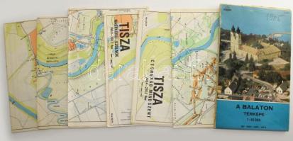 6 db térkép a Tisza különböző szakaszairól + A Balaton térképe, vegyes méretben és állapotban