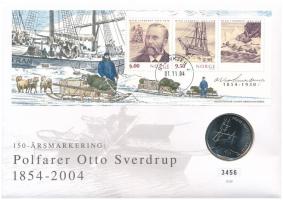 Norvégia 1996. 5K Cu-Ni "Nansen visszatérésének 100. évfordulója az Északi-sarkvidékről" számozott, felbélyegzett "150 éves évforduló: Otto Sverdrup 1854-2004" borítékban, bélyegzéssel (3456/8000) T:UNC Norway 1996. 5 Kroner Cu-Ni "100th Anniversary of Return of Nansen from the Arctic" in numbered "150 arsmarkering: Pofrarer Otto Sverdrup 1854-2004" envelope, with stamp and cancellation (3456/8000) C:UNC