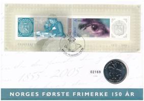Norvégia 1997. 5K Cu-Ni "A norvég posta 350. évfordulója" számozott, felbélyegzett "Norvégia első bélyege 150 éves" borítékban, bélyegzéssel (02169/12000) T:UNC Norway 1997. 5 Kroner Cu-Ni "350th Anniversary of Norwegian Postal Service" in numbered "Norges Forste Frimerke 150 ar" envelope, with stamp and cancellation (02169/12000) C:UNC