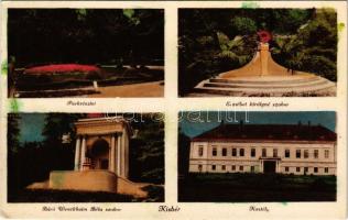 Kisbér, Parkrészlet, Erzsébet királyné szobor, Báró Wenckheim Béla szobor, kastély. Gulyás László kiadása (fl)