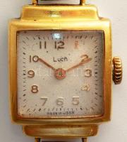 Luch női karóra, mechanikus, aranyozott, fém szíjjal, működik, kopással, 2x2 cm