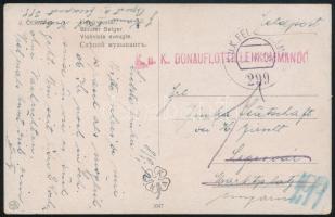 1916 Tábori posta képeslap Segesvárra, majd visszaküldve a feladónak, piros / red "K.u.K. DONAUFLOTTILLENKOMMANDO" , "K.u.K. FELDPOSTAMT 299"