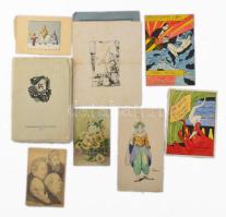 Olvashatatlan jelzéssel vagy jelzés nélkül, 1880-1930 körül: össz. 8 db rajz. Klf. technikák, papír, klf, kisebb méretekben + Fery Antal: 40 ex libris, számozott mappa, kiadói kissé sérült kartontokban