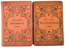 Webers Illustrierte Katechismen 2 kötete: Kothe, Hermann: Katechismus der Gedächtniskunst oder Mnemotechnik.; Ernst Riedel: Katechismus der Stereometrie. Leipzig, 1882 -1898, J. J. Weber. Német nyelven. Kiadói szecessziós egészvászon-kötés, kissé kopott borítókkal.
