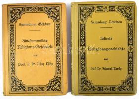 Sammlung Göschen 2 kötete:  Edmund Hardy: Indische Religionsgeshcichte.;  Max Löhr: Altetestamentliche Religions-Geschichte.; Leipzig, 1898-1906., G. J. Göschen. Német nyelven. Kiadói egészvászon-kötés, kissé kopott borítókkal.