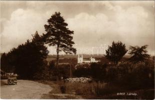 Zirc, látkép, apátság, automobil. Scherer János kiadása