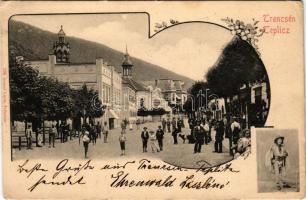1903 Trencsénteplic, Trencianske Teplice; Széchenyi út, Sina és Hammam fürdő. Gansel Lipót 196. / street view, spa, baths. Art Nouveau, floral frame (EK)