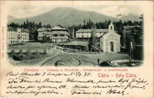 1898 Tátrafüred, Schmecks, Smokovec (Magas-Tátra, Vysoké Tatry); Római katolikus templom, hegycsúcsok / Gerlsdorfer-, Schlagendorfer- u. Lomnitzerspitze / church. Stengel &amp; Co. (fl)