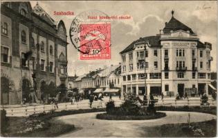 1913 Szabadka, Subotica; Szent István tér, kávéház és étterem, Magyar Általános Hitelbank, üzletek. Vig Zsigmond Sándor kiadása / square, café and restaurant, bank, shops (kicsit ázott sarok / slightly wet corner)