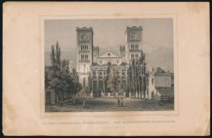 Ludwig Rohbock (1820-1883): A pécsi székesegyház fő homlokzata (Dom in Fünfkirchen, Hauptfacade). Acélmetszet, papír, jelzett a metszeten, kisebb foltokkal, saroktöréssel, 12x16,5 cm