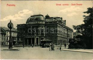 Pozsony, Pressburg, Bratislava; Városi színház, villamos, üzletek. W.L. Bp. 638. Josef Skoda kiadása / Stadt-Theater / theatre, tram, shops (Rb)