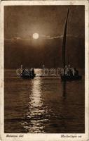 1940 Balaton, holdvilágos est, csónak és vitorlás hajó (fl)