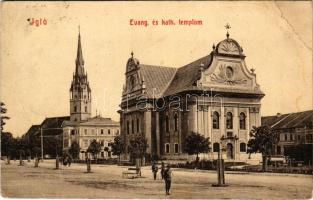1909 Igló, Zipser Neudorf, Spisská Nová Ves; Evangélikus és katolikus templom. W.L. Bp. 2797. / churches (EB)
