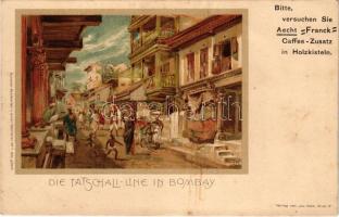 Mumbai, Bombay; Die Tatschali-Line. Bitte, versuchen Sie Aecht Franck Kaffee-Zusatz in Holzkisteln. ...