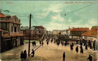 1909 Ungvár, Uzshorod, Uzhhorod, Uzhorod; Nagyhíd utca a híddal, Színház épület, üzletek / street view, bridge, theatre, shops (EK)