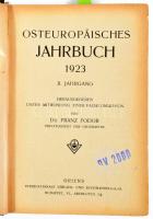 Osteuropäisches Jahrbuch 1923. II. Jahrgang. Herausgegeben unter Mitwirkung einer Fachkommission von Dr. Franz Fodor. Bp., [1924], Oriens Internationale Verlags- und Buchhandels A.-G. (Hornyánszky-ny.), 8 sztl. lev.+ 684 p.+ 5 sztl. lev.+ 5 (kihajtható térképek) t. Német nyelven. Kiadói aranyozott egészvászon-kötés, kissé kopott borítóval, egy térkép szakadt, sérült.