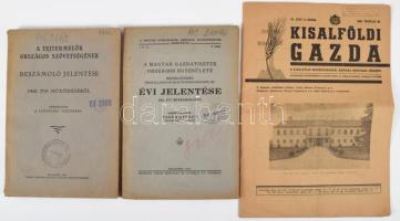 Vegyes nyomtatvány tétel, 4 db:   1944 Kisalföldi Gazda IV. évf. 8. sz., 1944. április 20., 113-128 p.  cca 1931 Mezőgazdasági Üzem és Számtartás III. évf. 12. sz., 241-264 p.;  1940 A Tejtermelők Országos Szövetségének beszámoló jelentése 1940. évi működéséről. Bp., 1941, "Pátria",117+3 p.;  1942 A Magyar Gazdatisztek Országos Egyesülete évi jelentése. Bp., 1942, Bethlen Gábor, 80 p.;