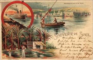 1899 (Vorläufer) Suez Canal, Canal de Suez; Panorama de Suez et de Tacka, Une vue du Canal, Fonatain de Moise / general view, steamship, fountain of Moses. Art Nouveau, floral, litho