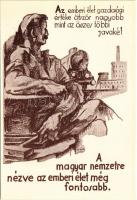 A magyar nemzetre nézve az emberi élet még fontosabb. A Magyar Szülők Szövetsége nemzetvédelmi mozgalma az egyke ellen / Hungarian irredenta propaganda art postcard for the birth rate increase s: Zartler