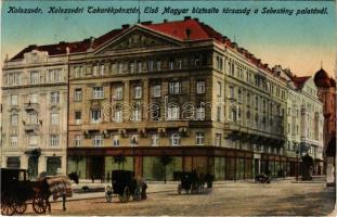 1917 Kolozsvár, Cluj; Kolozsvári Takarékpénztár, Első Magyar Biztosító Társaság a Sebestyén palotával / savings bank, insurance company, palace (kopott sarkak / worn corners)