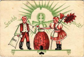 Szebb jövőt! Ezzel a levelezőlappal Selmeczi Margit debreceni kaptáros diák díjat nyert a Horthy István Diákkaptár Szövetség levelezőlap pályázatán / Hungarian Youth Association irredenta propaganda s: Selmeczi Margit (gyűrődések / creases)