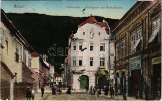 1917 Brassó, Kronstadt, Brasov; Cérna utca, Heinrich Zintz üzlete, Schicht szappan reklámja. Vasúti levelezőlapárusítás 70. sz. 1918. / Zwirngasse mit Nationalbank / street view, shops, bank (kis szakadás / small tear)
