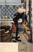 1907 Man covered with mud looking in the mirror, mud spa, mud bath, mud humour art postcard s: C. J. (EB)