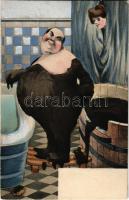 1907 Fat man covered with mud, mud spa, mud bath, mud humour art postcard s: C. J. (EK)