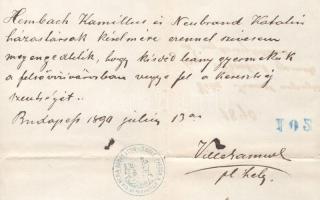 1890 Bp., Ville Sámuel plébános által kiállított engedély Hembach Kamillus és Neubrandt Katalin rész...