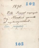 1890 Bp., Ville Sámuel plébános által kiállított engedély Hembach Kamillus és Neubrandt Katalin rész...