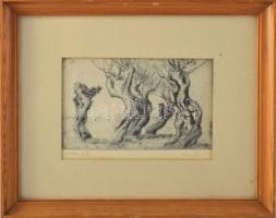 Kiss János (1905-1984): Görbe fák. Rézkarc, papír, jelzett. Üvegezett fakeretben, 10×16,5 cm