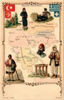 Balkan Halbinsel / Balkan Peninsula map, flags, folklore. Serie 74. Art Nouveau litho