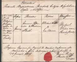 1827 Soroksár, latin nyelvű születési anyakönyvi kivonat / keresztlevél, sérült viaszpecséttel