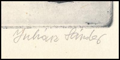 Juhász Sándor (1934-1993): Gulliver. Rézkarc, papír, jelzett, hártyapapírral, 19,5×29,5 cm