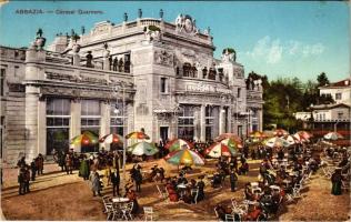 1912 Abbazia, Opatija; Cursaal Quarnero / szálloda, kávéház, gyógyszalon terasz pincérekkel és vendégekkel / café, terrace with waiters and guests (kopott sarkak / worn corners)