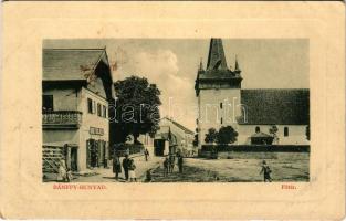 Bánffyhunyad, Huedin; Fő tér, Református templom, Kováltsik József üzlete. W.L. Bp. 7079. 1910-13. / main square, Calvinist church, shops (fl)