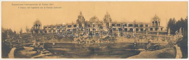 Torino, Turin; Esposizione Internazionale di Torino 1911, il Palazzo dell'Inghilterra con la Fontana Luminosa / world exhibition, fountain, palace. 2-tiled folding panoramacard (worn at fold)