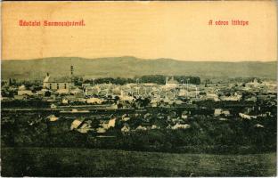 Szamosújvár, Gherla; látkép, vasútállomás, vagonok. W.L. 1879. / general view, railway station, wagons (fl)