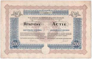 1916. Budapest "Első Magyar Betűöntöde Részvény-Társaság" részvénye 200K-ról szelvényekkel, szárazpecséttel T:AU,XF