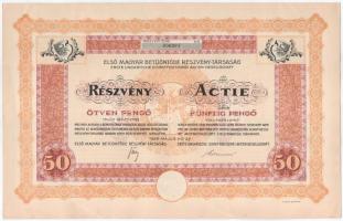 1926. Budapest "Első Magyar Betűöntöde Részvény-Társaság" részvénye 50P-ról szelvényekkel, szárazpecséttel T:AU,XF