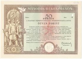 1951. Budapest "Második Békekölcsön - a Magyar Népköztársaság nyereménykölcsöne" 50Ft értékben, sorozat és sorszám nélkül, szárazpecséttel, lyukasztással érvénytelenítve T:AU,XF jobb felső sarokban kézírásos, tintával írt számjelzés