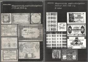 Ambrus Béla: Magyarország papírszükségpénzei 1723-tól 1914-ig. Budapest, 1977, Magyar Éremgyűjtők Egyesülete. + Ambrus Béla: Magyarország papírszükségpénzei 1914-től 1919. VIII. 1-ig. II. kötet. Magyar Éremgyűjtők Egyesülete, Budapest, 1986. A kötetek használt, de jó állapotban.
